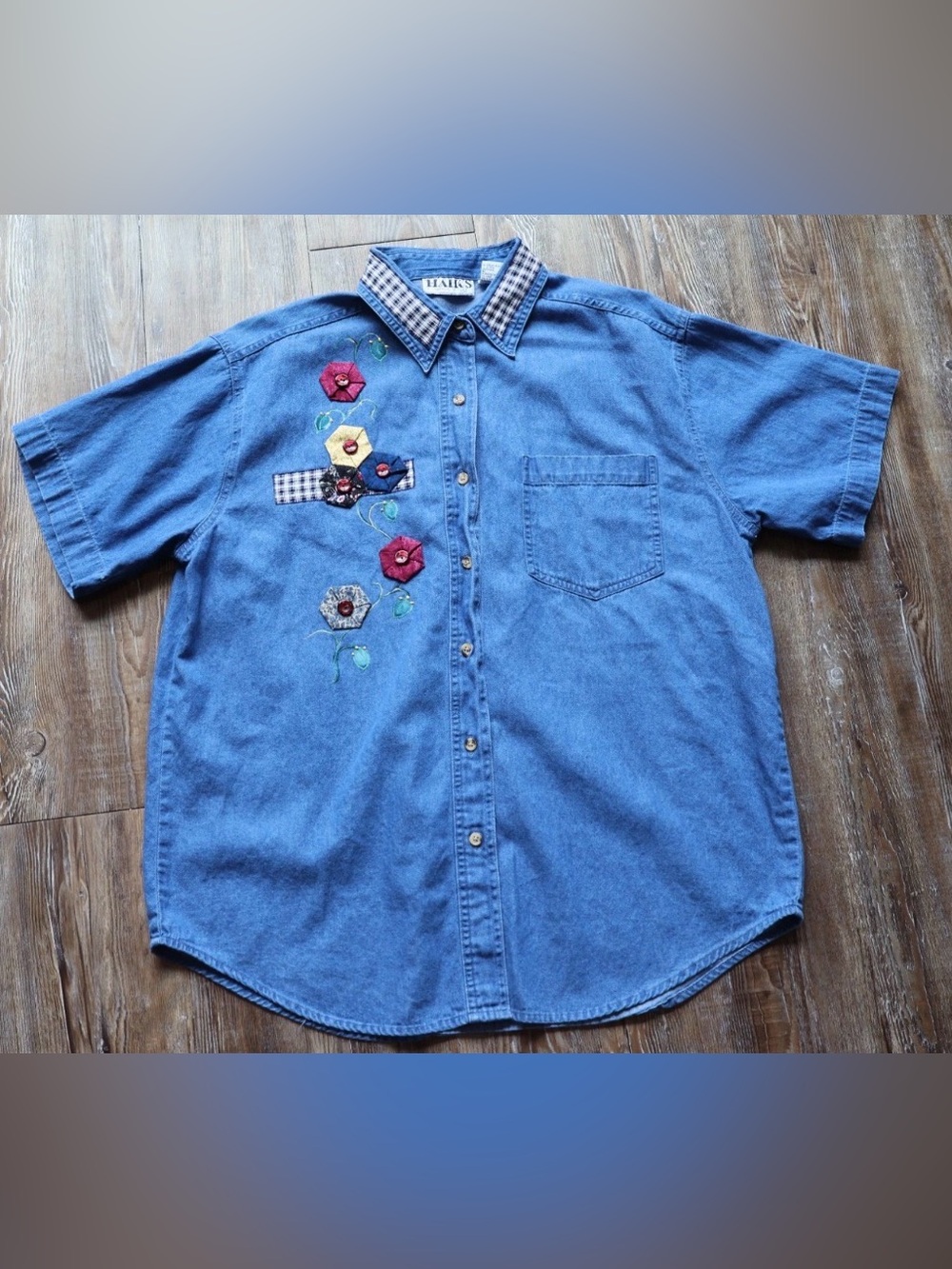 Vintage Denim Floral Applique Shirt Gingham Collar Cottagecore Granny Womens L